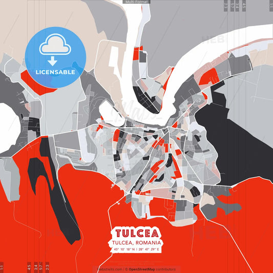 Tulcea, Tulcea, Romania - modern street map poster template with gray and red tones