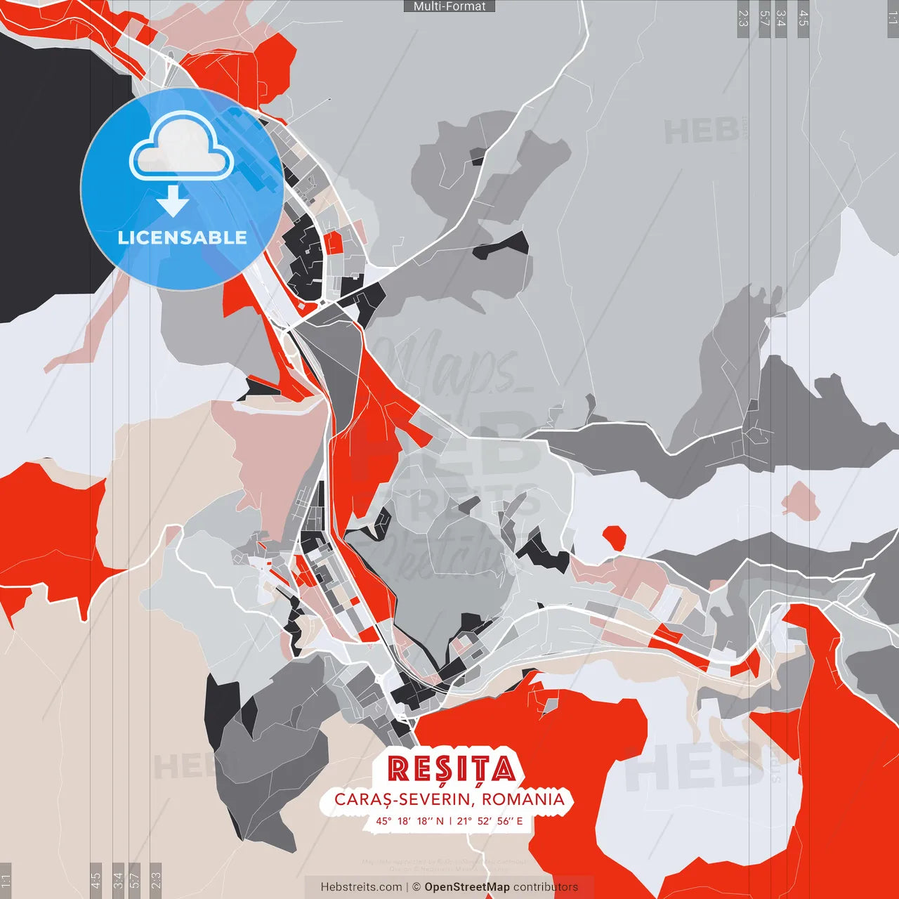 Reșița, Caraș-Severin, Romania - modern street map poster template with gray and red tones