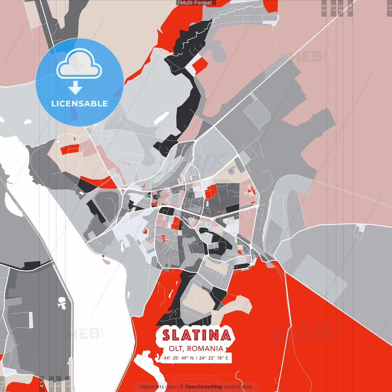 Slatina, Olt, Romania - modern street map poster template with gray and red tones