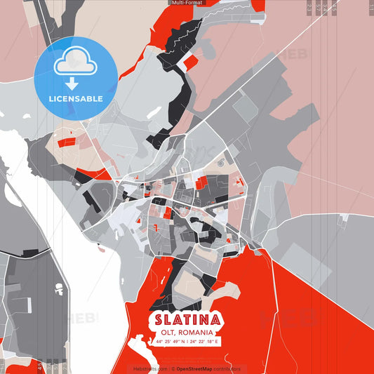 Slatina, Olt, Romania - modern street map poster template with gray and red tones