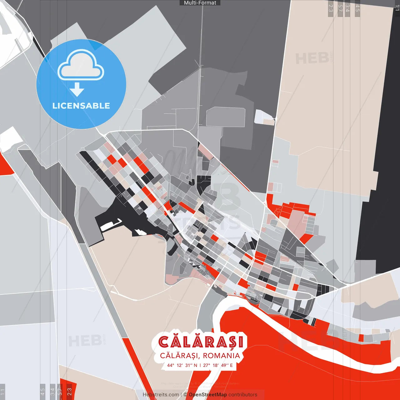 Călărași, Călărași, Romania - modern street map poster template with gray and red tones