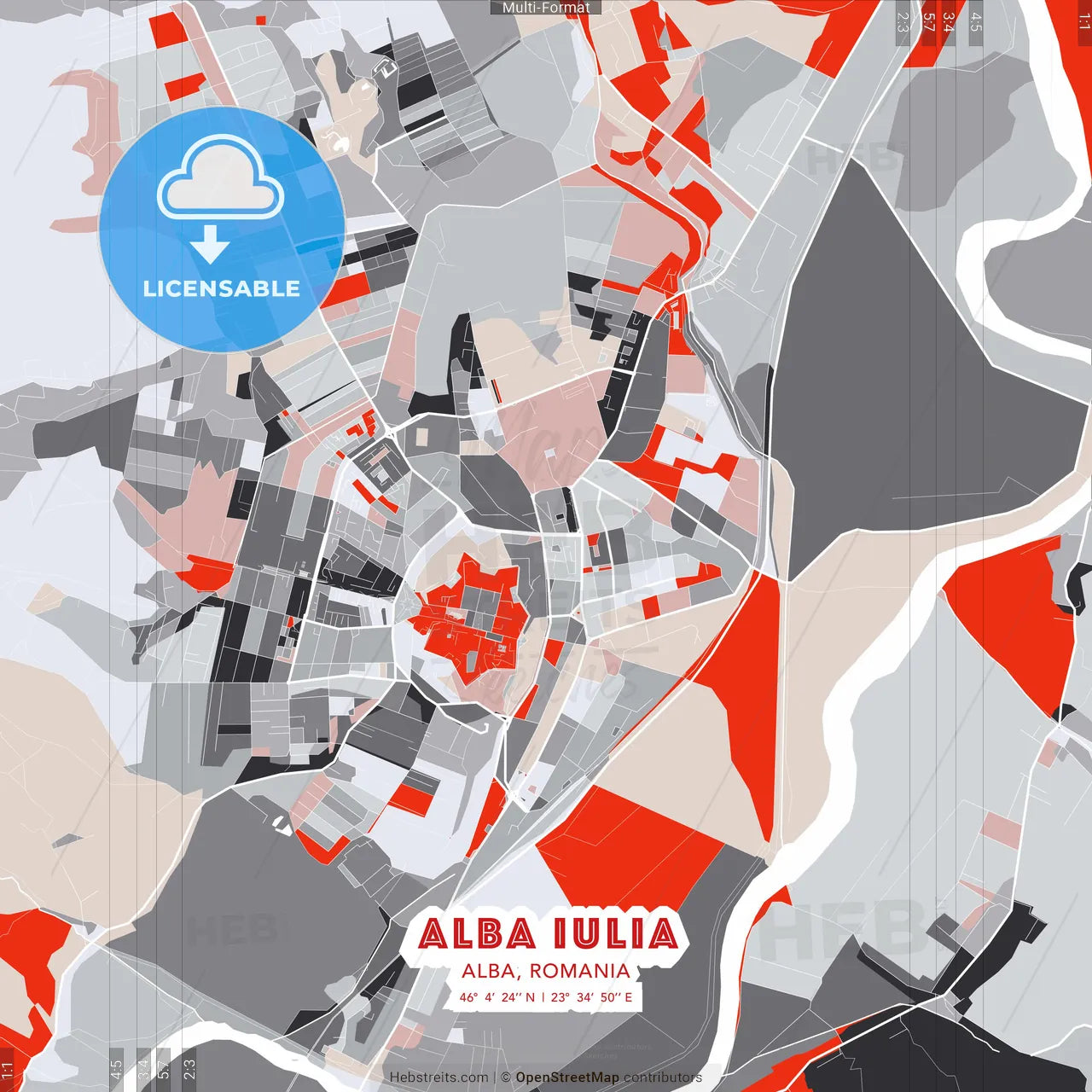 Alba Iulia, Alba, Romania - modern street map poster template with gray and red tones