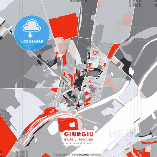 Giurgiu, Giurgiu, Romania - modern street map poster template with gray and red tones