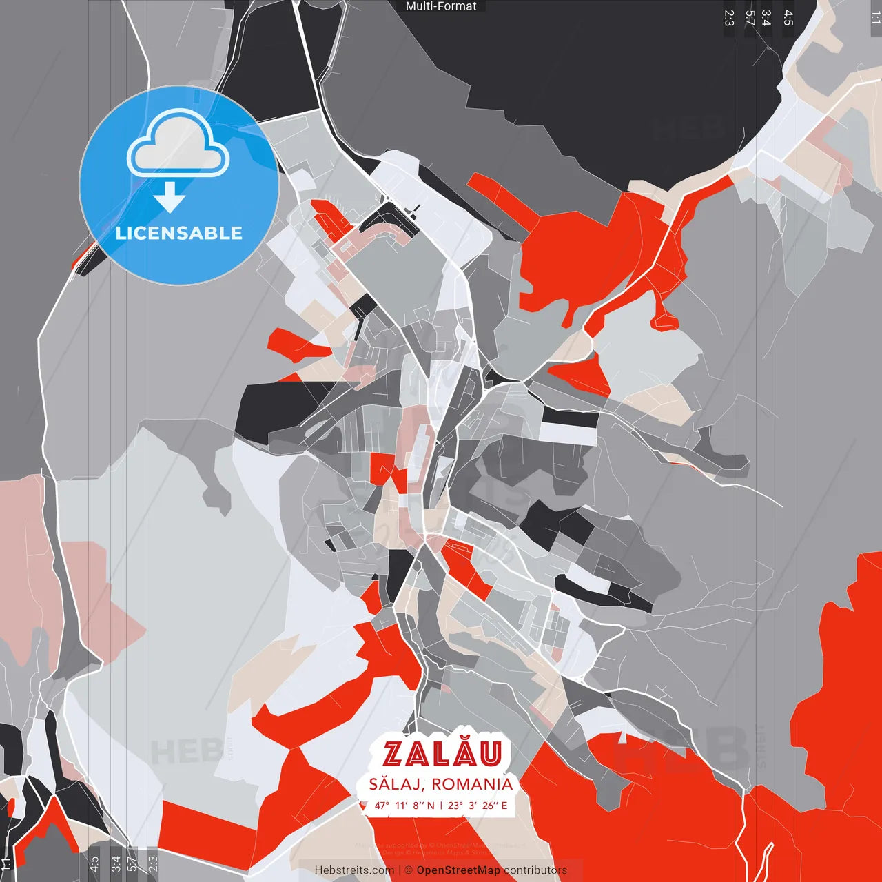 Zalău, Sălaj, Romania - modern street map poster template with gray and red tones