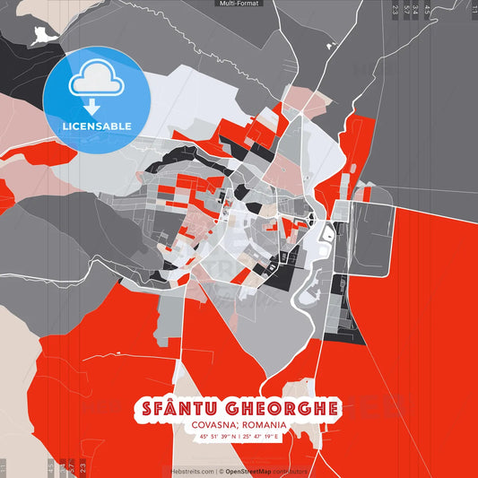 Sfântu Gheorghe, Covasna, Romania - modern street map poster template with gray and red tones
