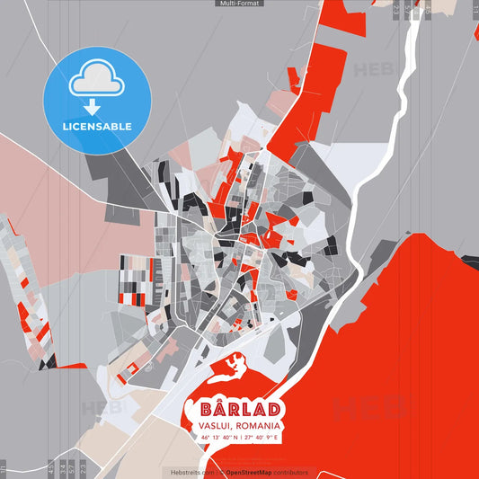 Bârlad, Vaslui, Romania - modern street map poster template with gray and red tones