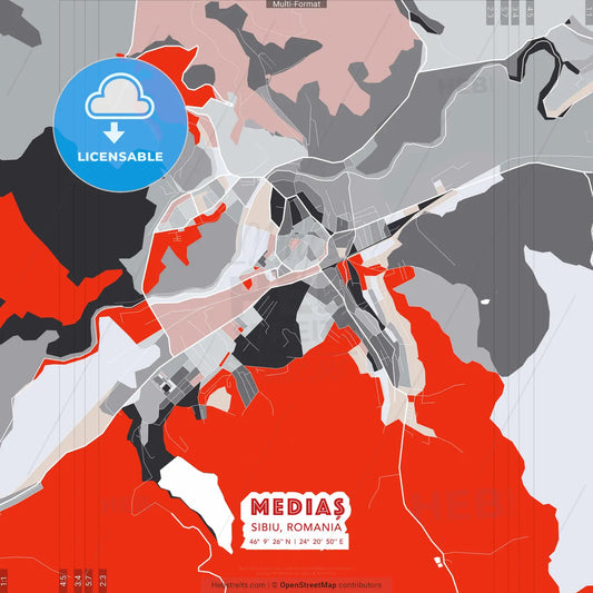 Mediaș, Sibiu, Romania - modern street map poster template with gray and red tones