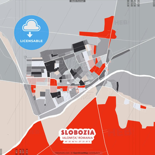Slobozia, Ialomița, Romania - modern street map poster template with gray and red tones