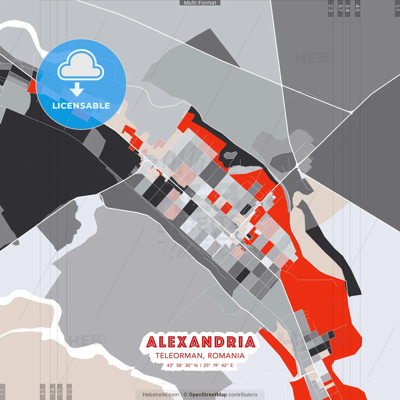 Alexandria, Teleorman, Romania - modern street map poster template with gray and red tones
