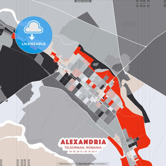 Alexandria, Teleorman, Romania - modern street map poster template with gray and red tones