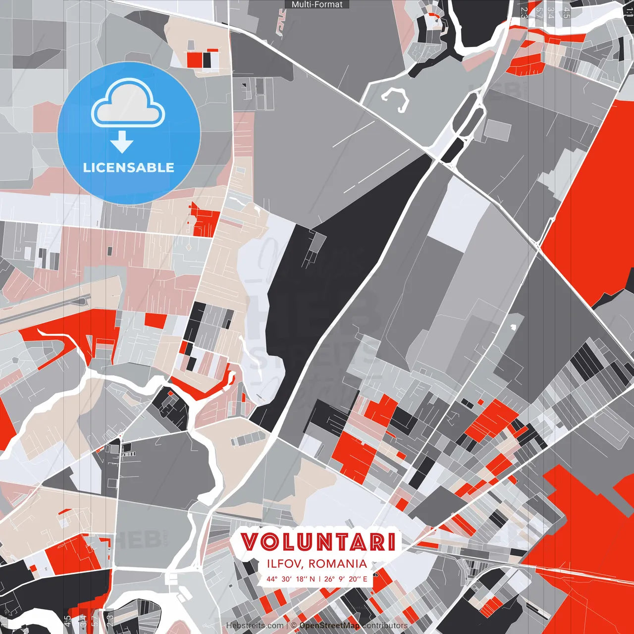 Voluntari, Ilfov, Romania - modern street map poster template with gray and red tones