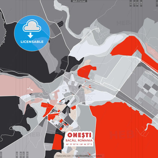 Onești, Bacău, Romania - modern street map poster template with gray and red tones