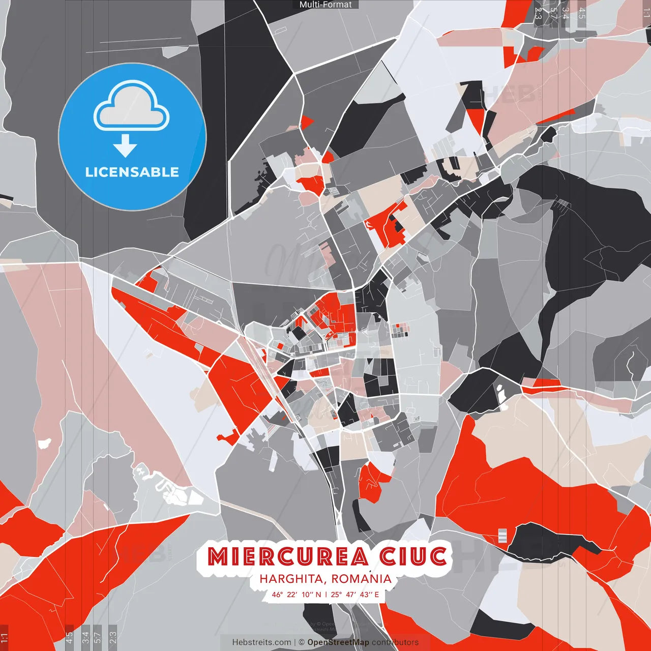 Miercurea Ciuc, Harghita, Romania - modern street map poster template with gray and red tones