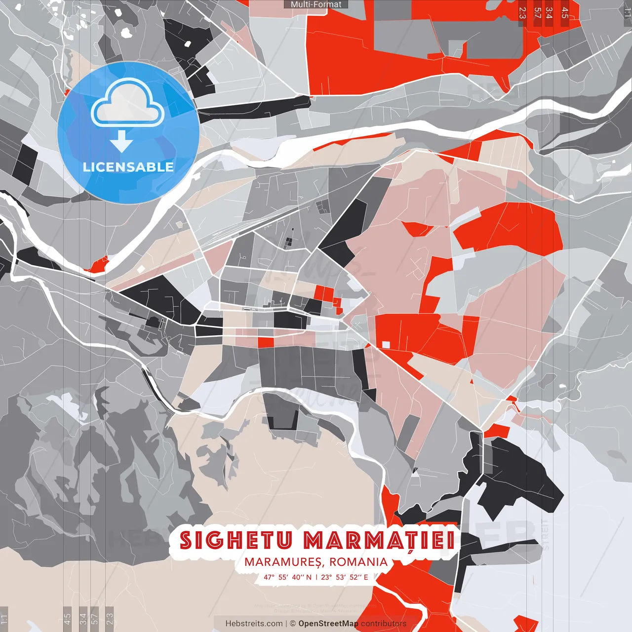 Sighetu Marmației, Maramureș, Romania - modern street map poster template with gray and red tones