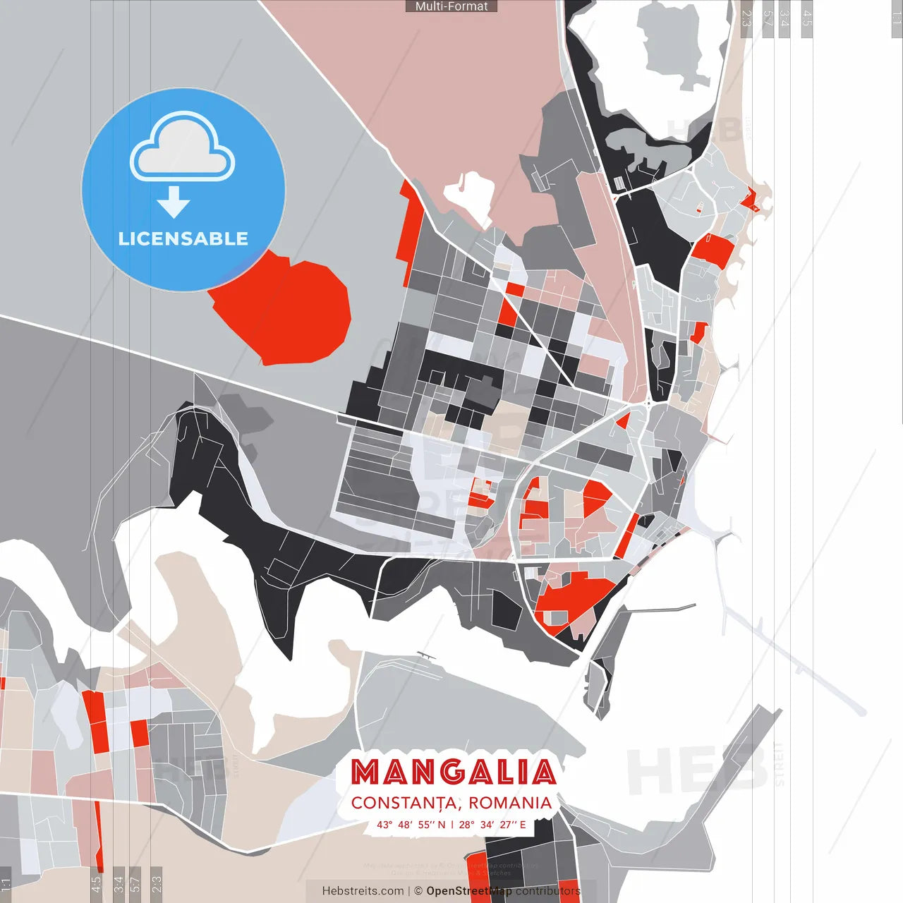 Mangalia, Constanța, Romania - modern street map poster template with gray and red tones
