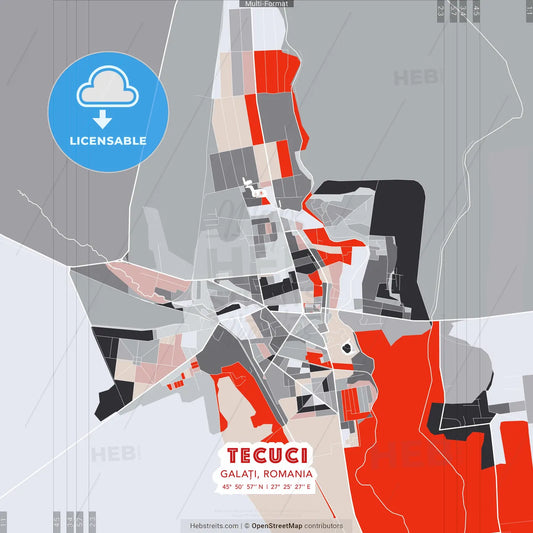 Tecuci, Galați, Romania - modern street map poster template with gray and red tones