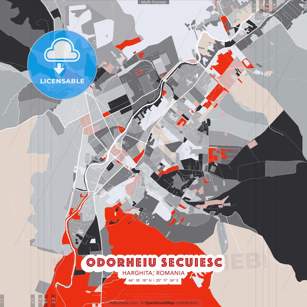 Odorheiu Secuiesc, Harghita, Romania - modern street map poster template with gray and red tones