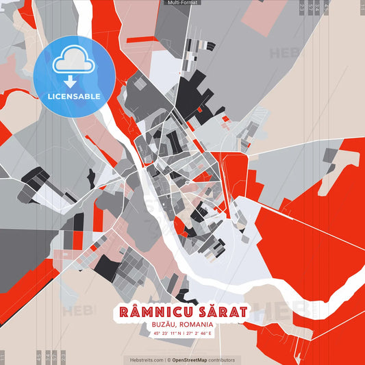 Râmnicu Sărat, Buzău, Romania - modern street map poster template with gray and red tones