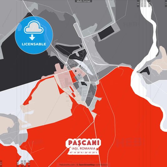 Pașcani, Iași, Romania - modern street map poster template with gray and red tones