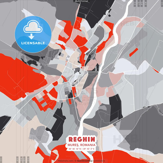 Reghin, Mureș, Romania - modern street map poster template with gray and red tones