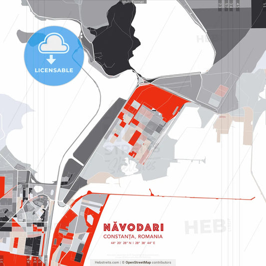 Năvodari, Constanța, Romania - modern street map poster template with gray and red tones