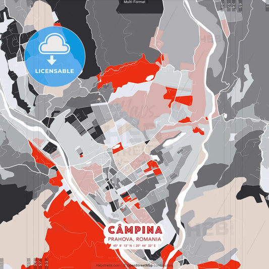 Câmpina, Prahova, Romania - modern street map poster template with gray and red tones