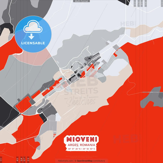 Mioveni, Argeș, Romania - modern street map poster template with gray and red tones