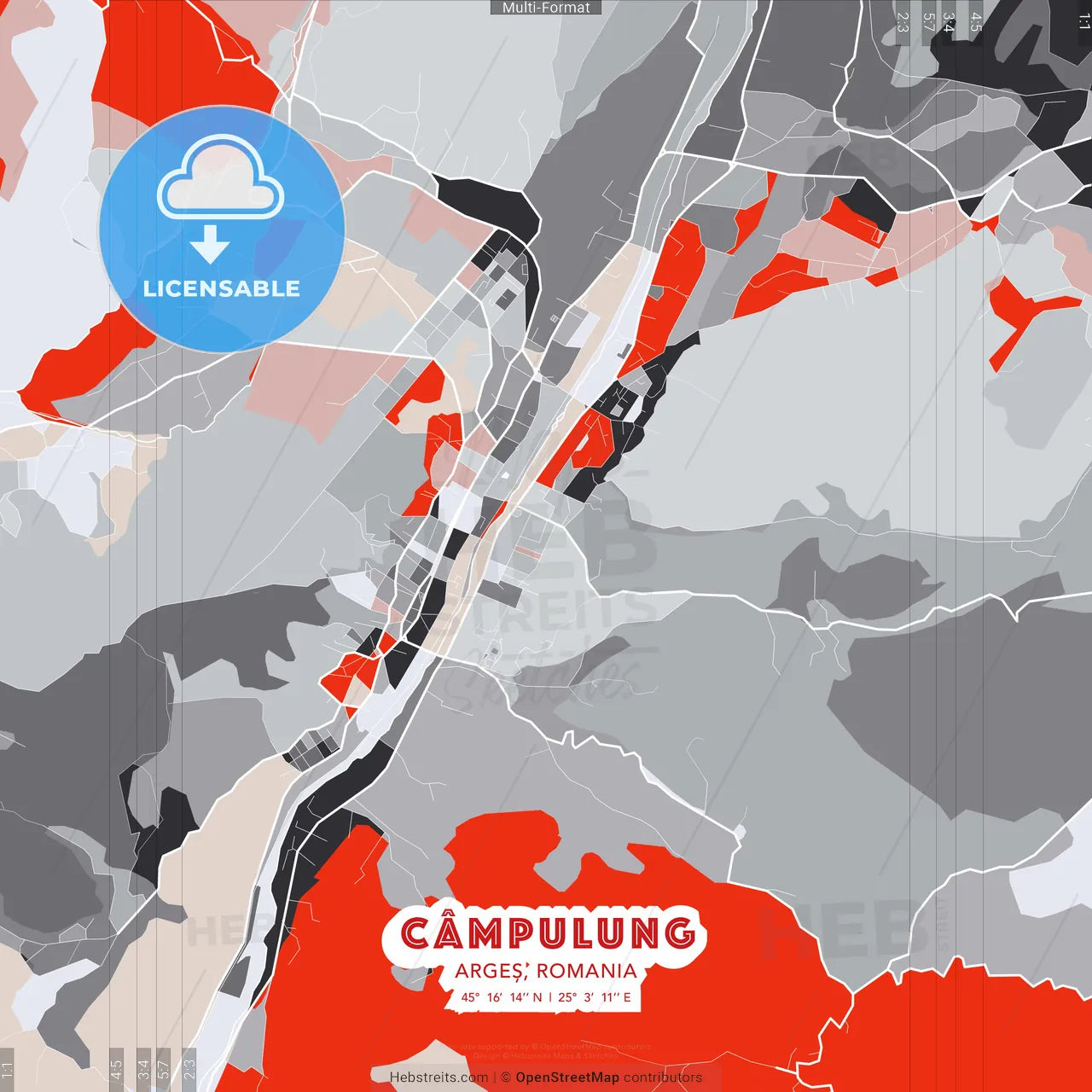 Câmpulung, Argeș, Romania - modern street map poster template with gray and red tones