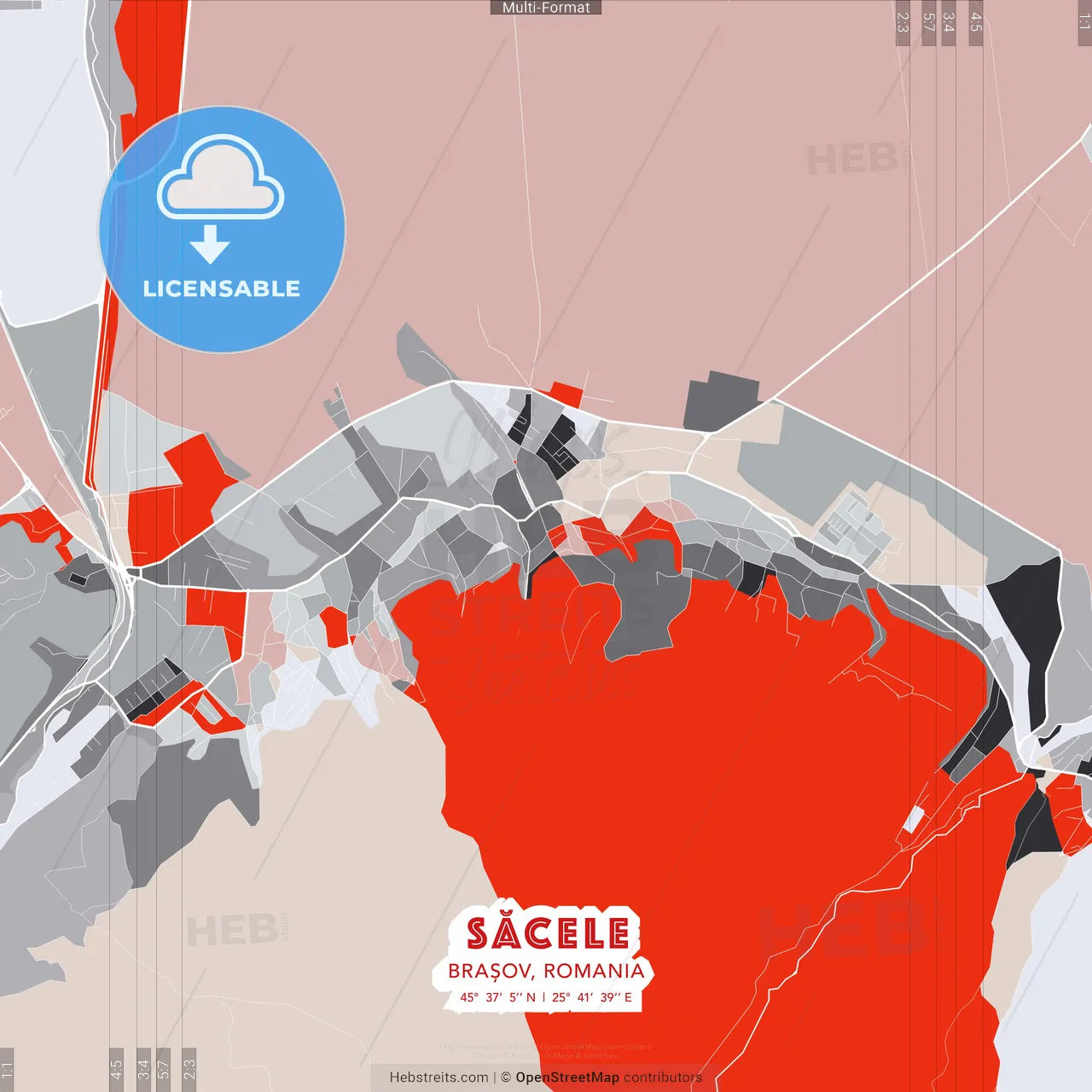 Săcele, Brașov, Romania - modern street map poster template with gray and red tones