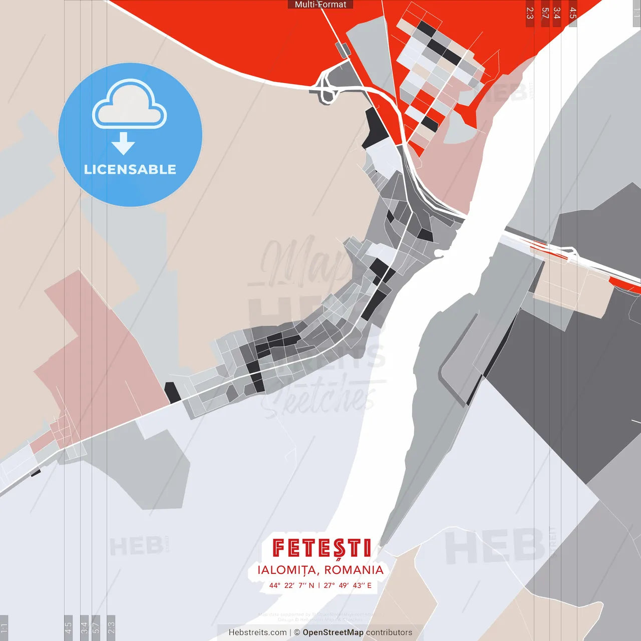 Fetești, Ialomița, Romania - modern street map poster template with gray and red tones