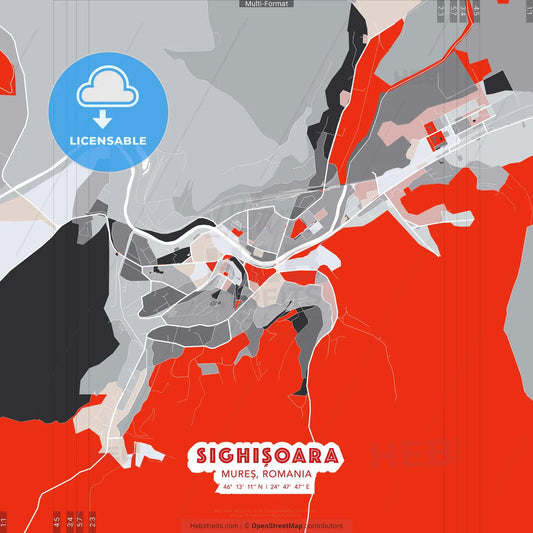 Sighișoara, Mureș, Romania - modern street map poster template with gray and red tones
