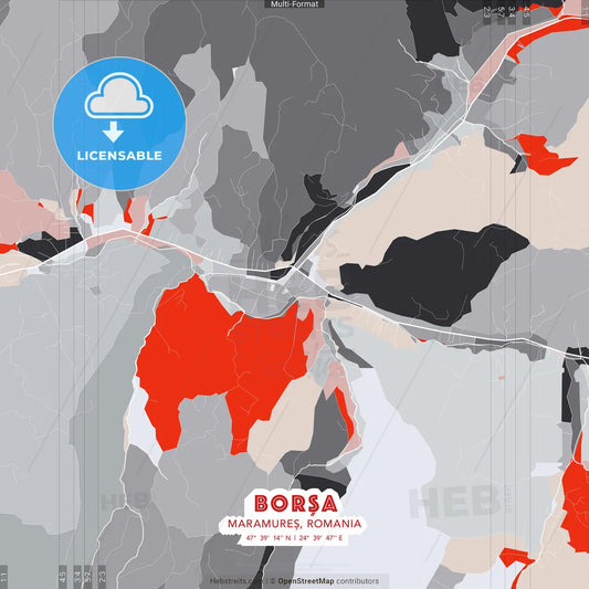 Borșa, Maramureș, Romania - modern street map poster template with gray and red tones