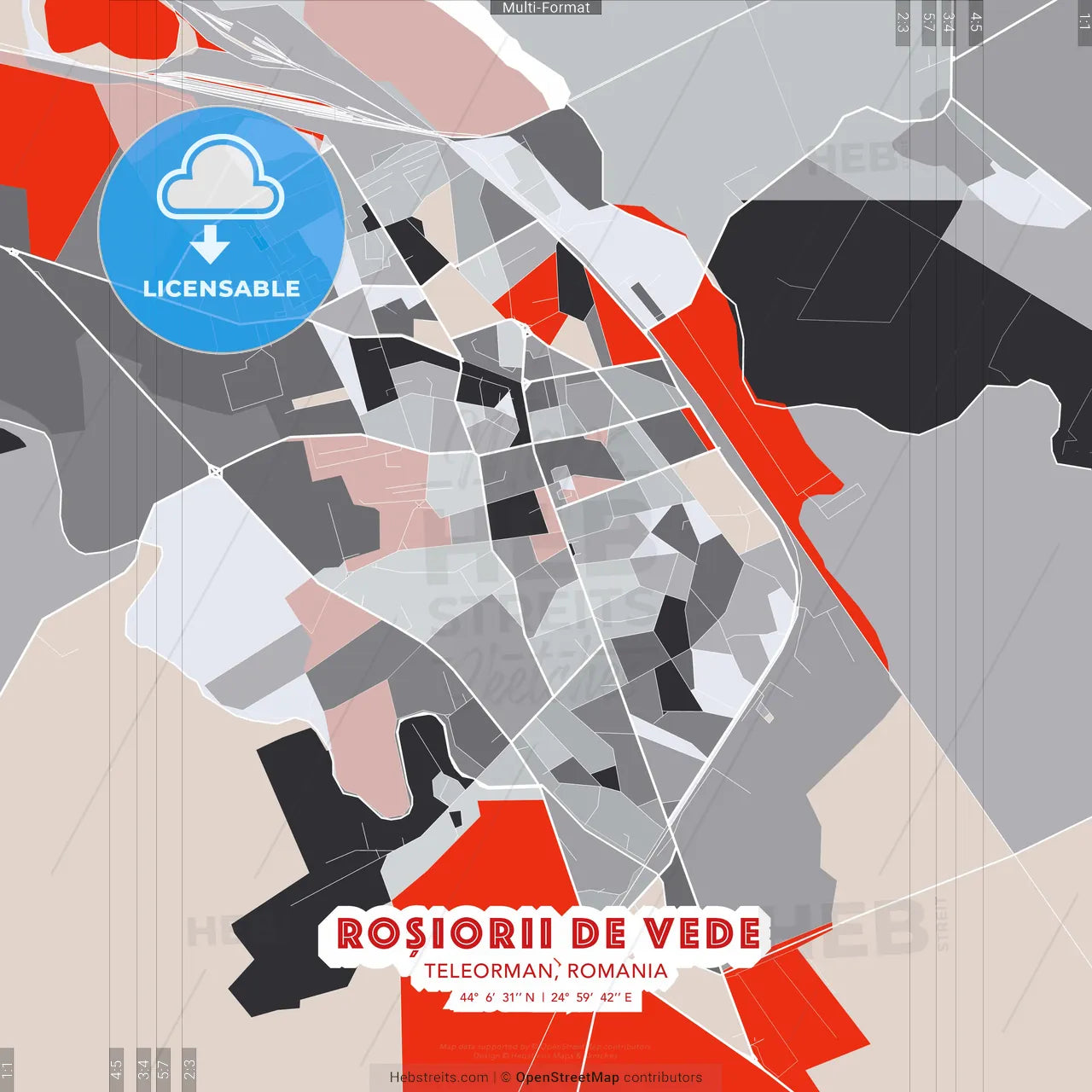 Roșiorii de Vede, Teleorman, Romania - modern street map poster template with gray and red tones