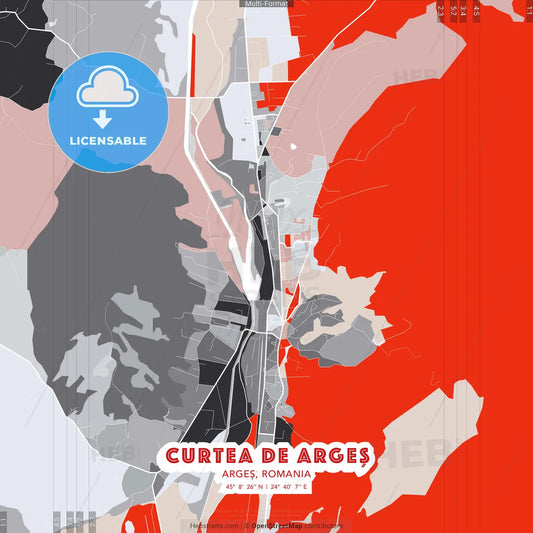 Curtea de Argeș, Argeș, Romania - modern street map poster template with gray and red tones