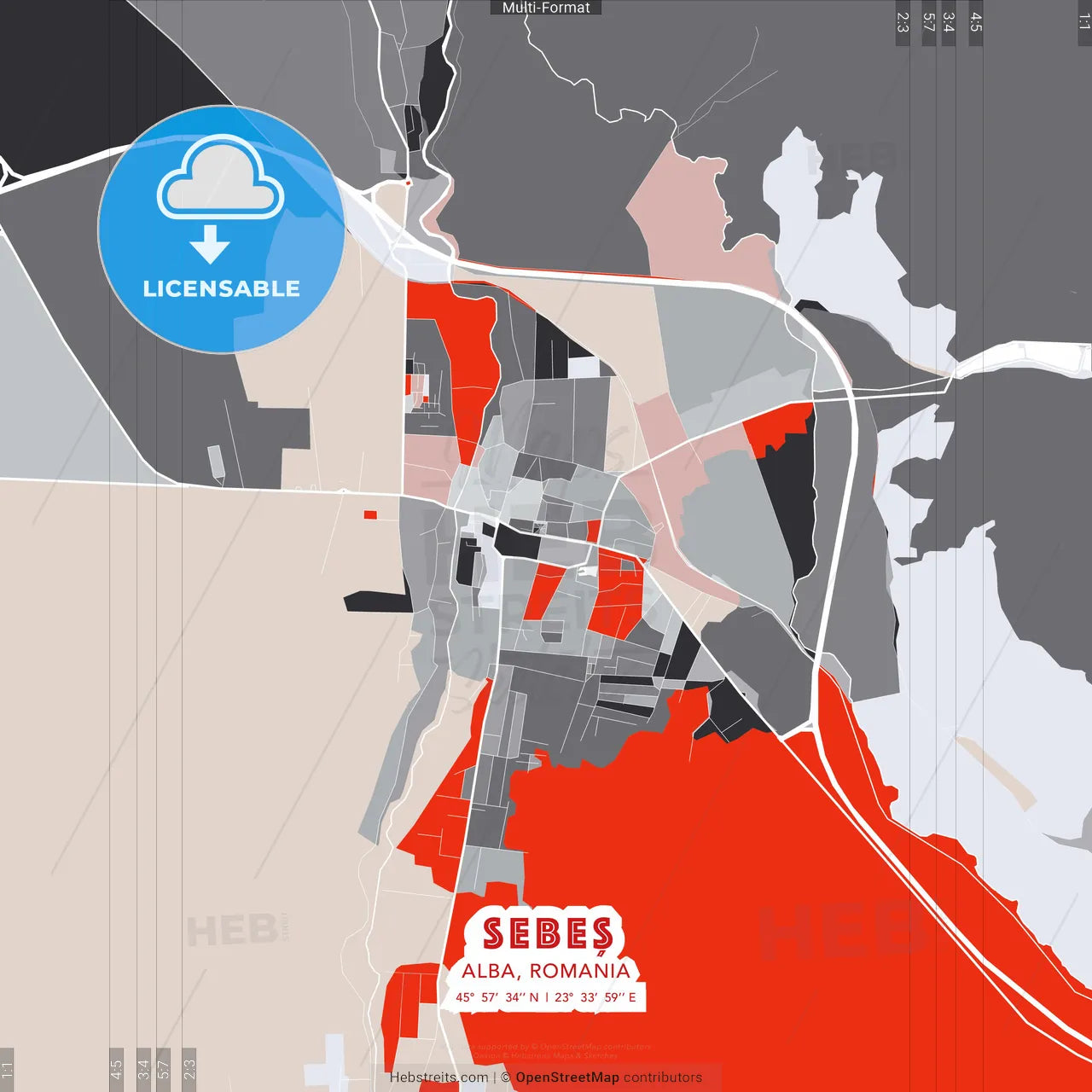 Sebeș, Alba, Romania - modern street map poster template with gray and red tones