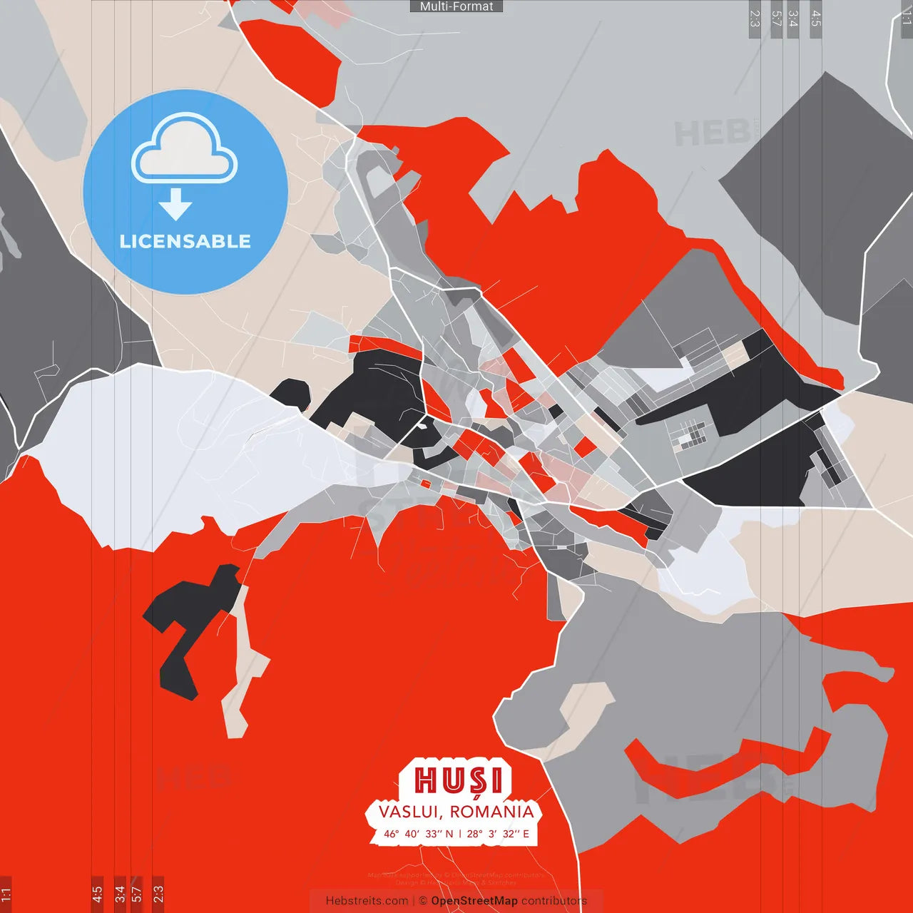 Huși, Vaslui, Romania - modern street map poster template with gray and red tones