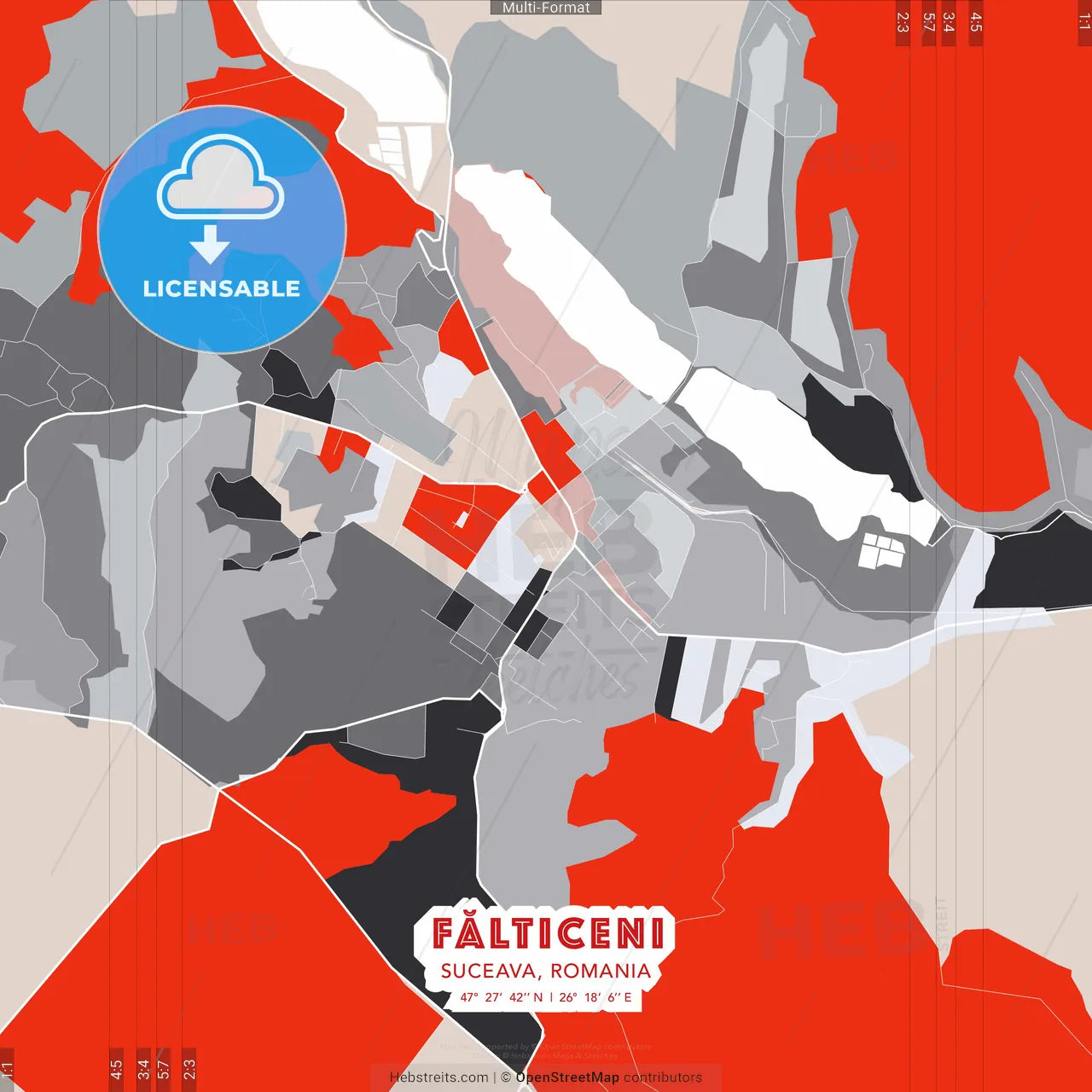 Fălticeni, Suceava, Romania - modern street map poster template with gray and red tones