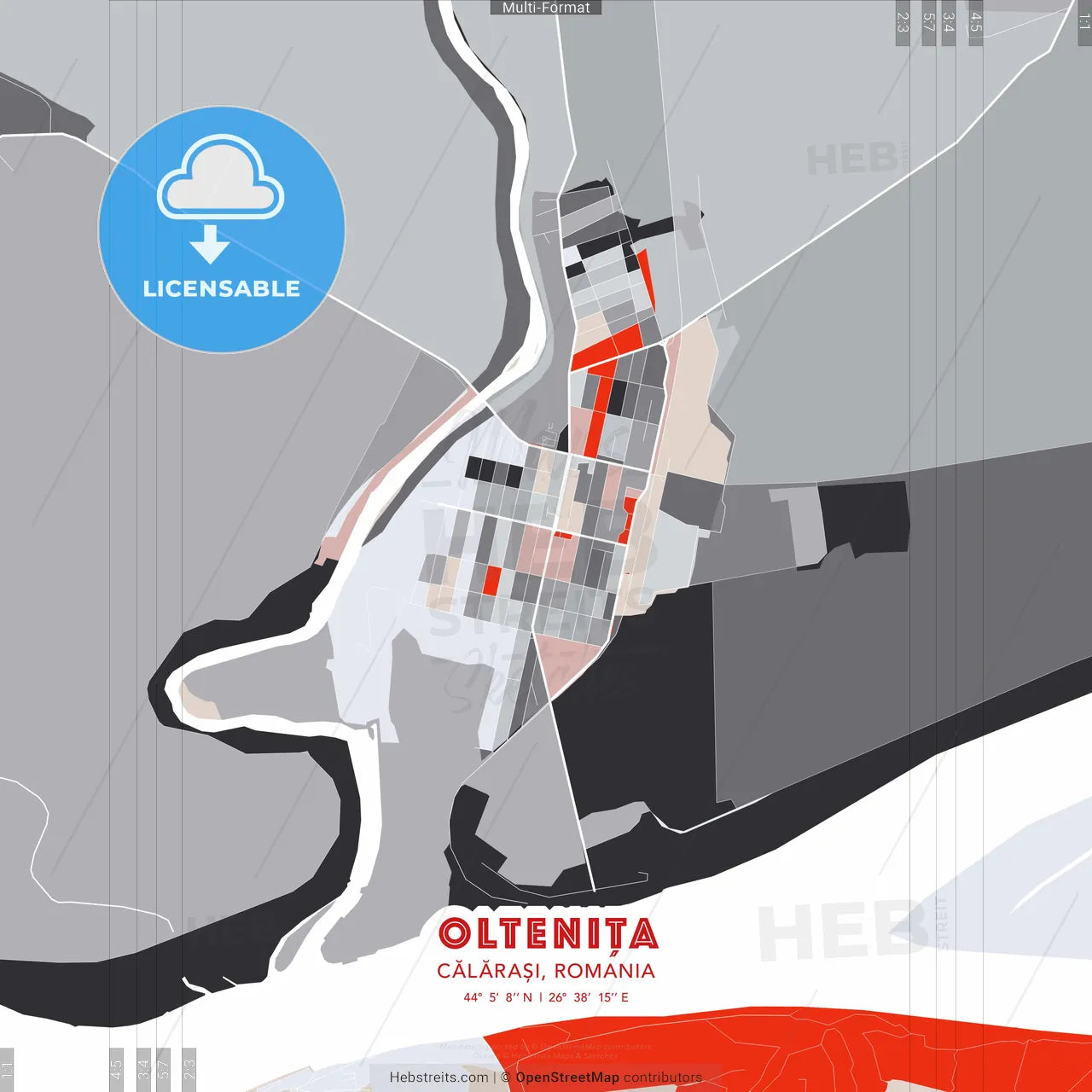 Oltenița, Călărași, Romania - modern street map poster template with gray and red tones