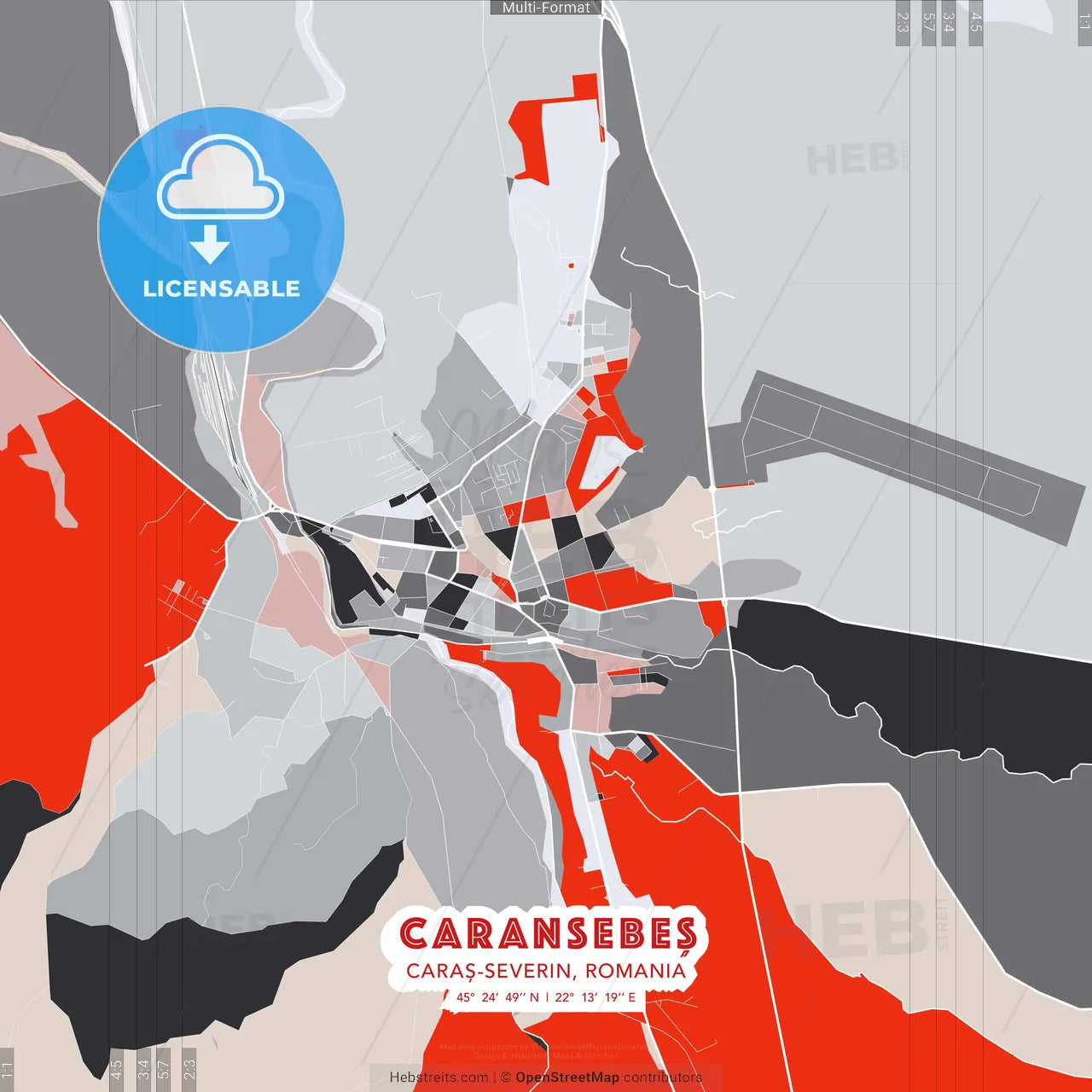 Caransebeș, Caraș-Severin, Romania - modern street map poster template with gray and red tones
