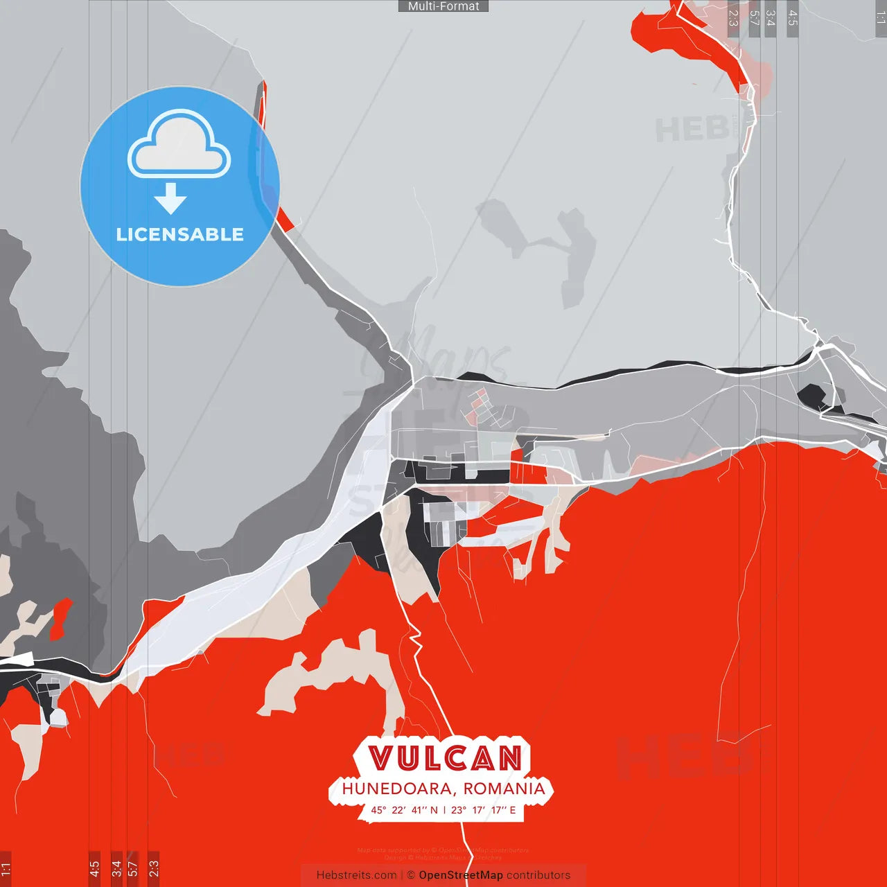 Vulcan, Hunedoara, Romania - modern street map poster template with gray and red tones