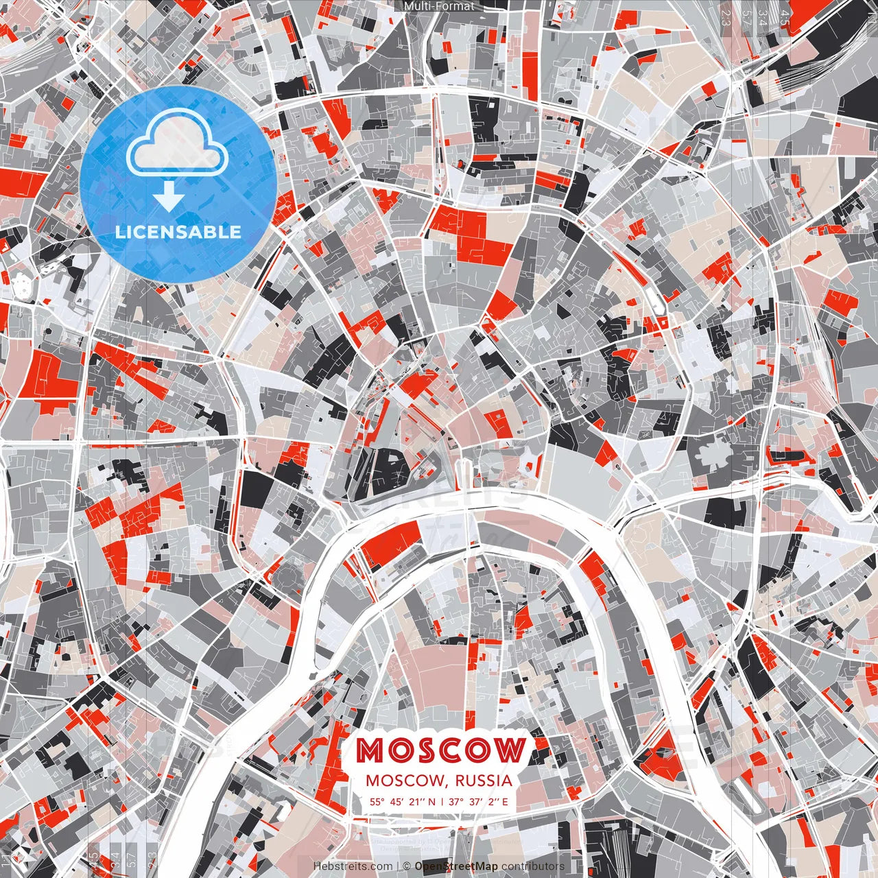 Moscow, Moscow, Russia - modern street map poster template with gray and red tones
