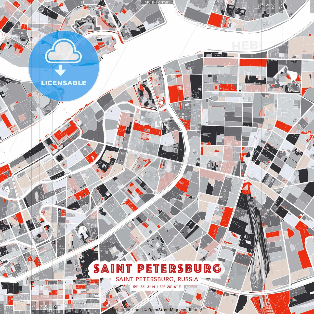Saint Petersburg, Saint Petersburg, Russia - modern street map poster template with gray and red tones