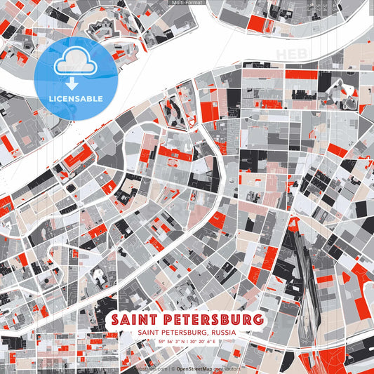 Saint Petersburg, Saint Petersburg, Russia - modern street map poster template with gray and red tones