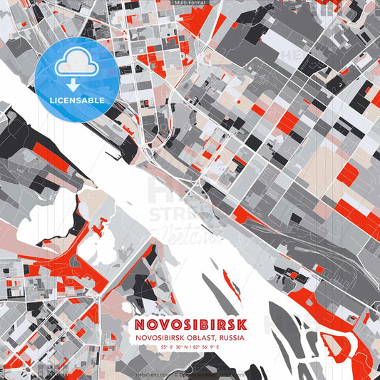 Novosibirsk, Novosibirsk Oblast, Russia - modern street map poster template with gray and red tones