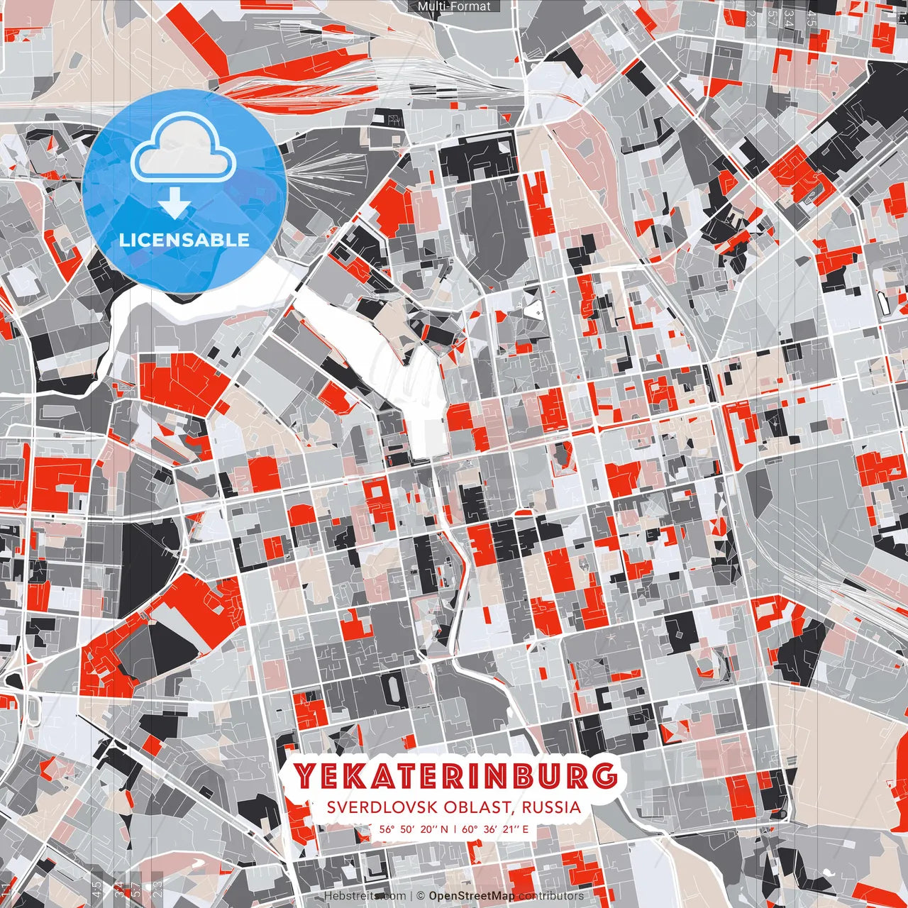 Yekaterinburg, Sverdlovsk Oblast, Russia - modern street map poster template with gray and red tones