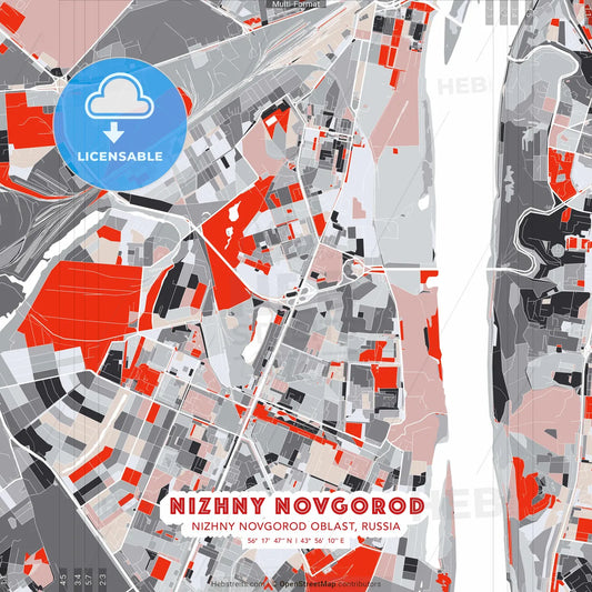 Nizhny Novgorod, Nizhny Novgorod Oblast, Russia - modern street map poster template with gray and red tones