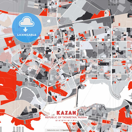 Kazan, Republic of Tatarstan, Russia - modern street map poster template with gray and red tones