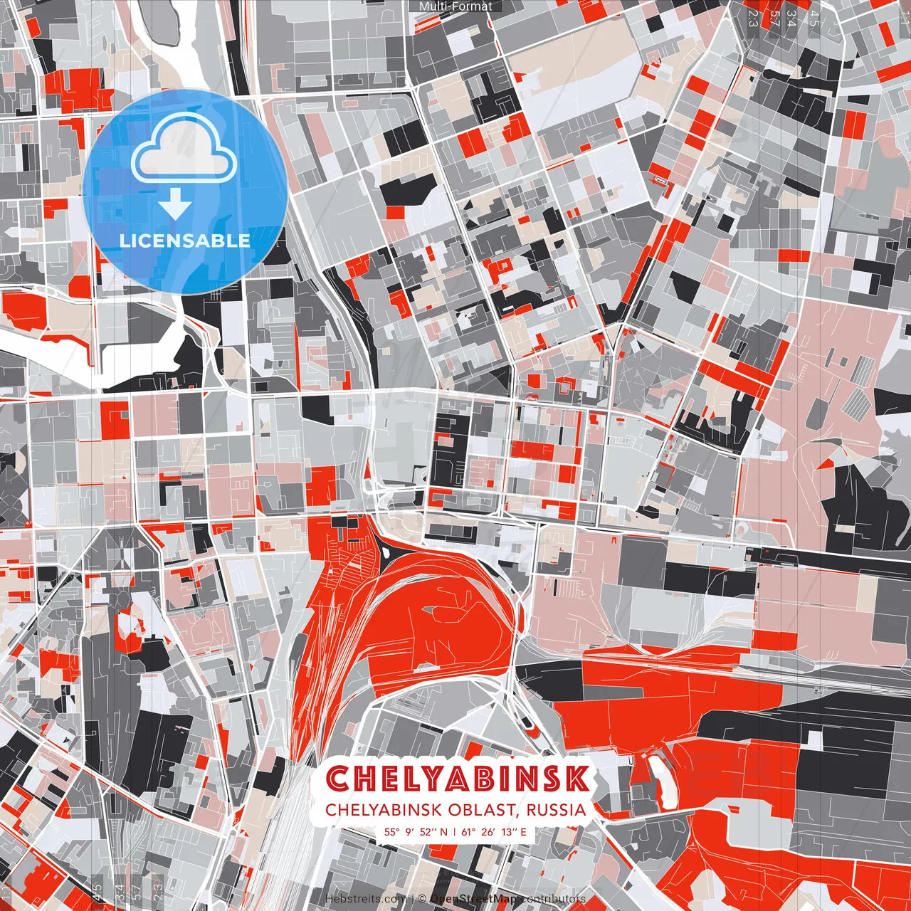 Chelyabinsk, Chelyabinsk Oblast, Russia - modern street map poster template with gray and red tones
