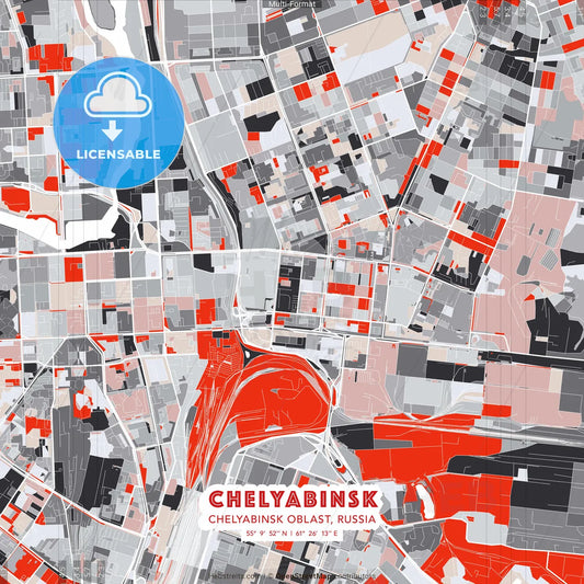Chelyabinsk, Chelyabinsk Oblast, Russia - modern street map poster template with gray and red tones