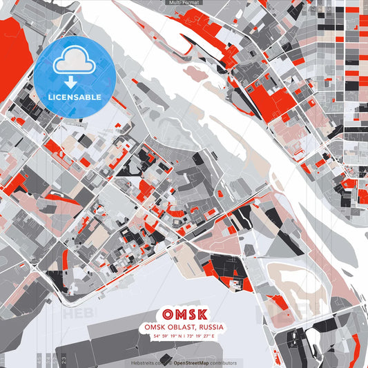 Omsk, Omsk Oblast, Russia - modern street map poster template with gray and red tones
